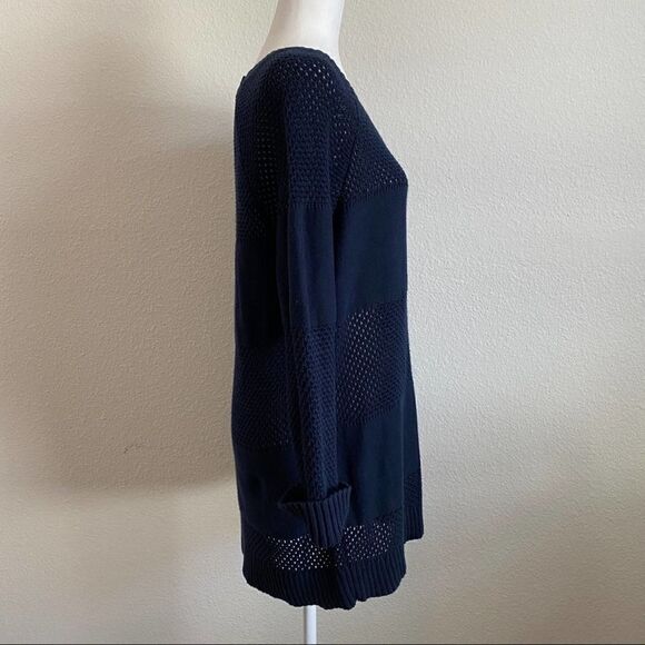 𝅺white + Warren Navy Blue Stripe Closed Open Knit Cotton Sweater Tunic Large - Picture 5 of 6